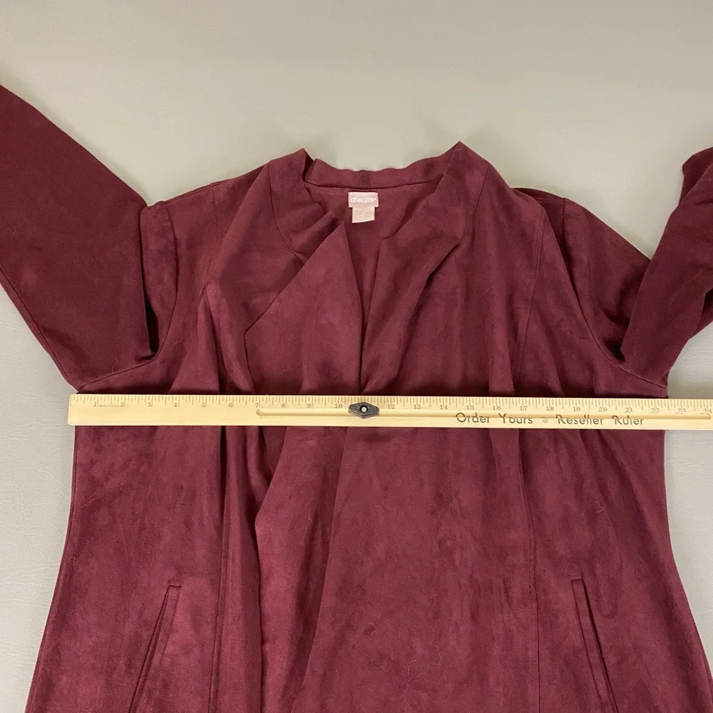 Chicos Cardigan Jacket Size‎ 3 (US XL 16 18) Burgundy Faux Suede Open Front